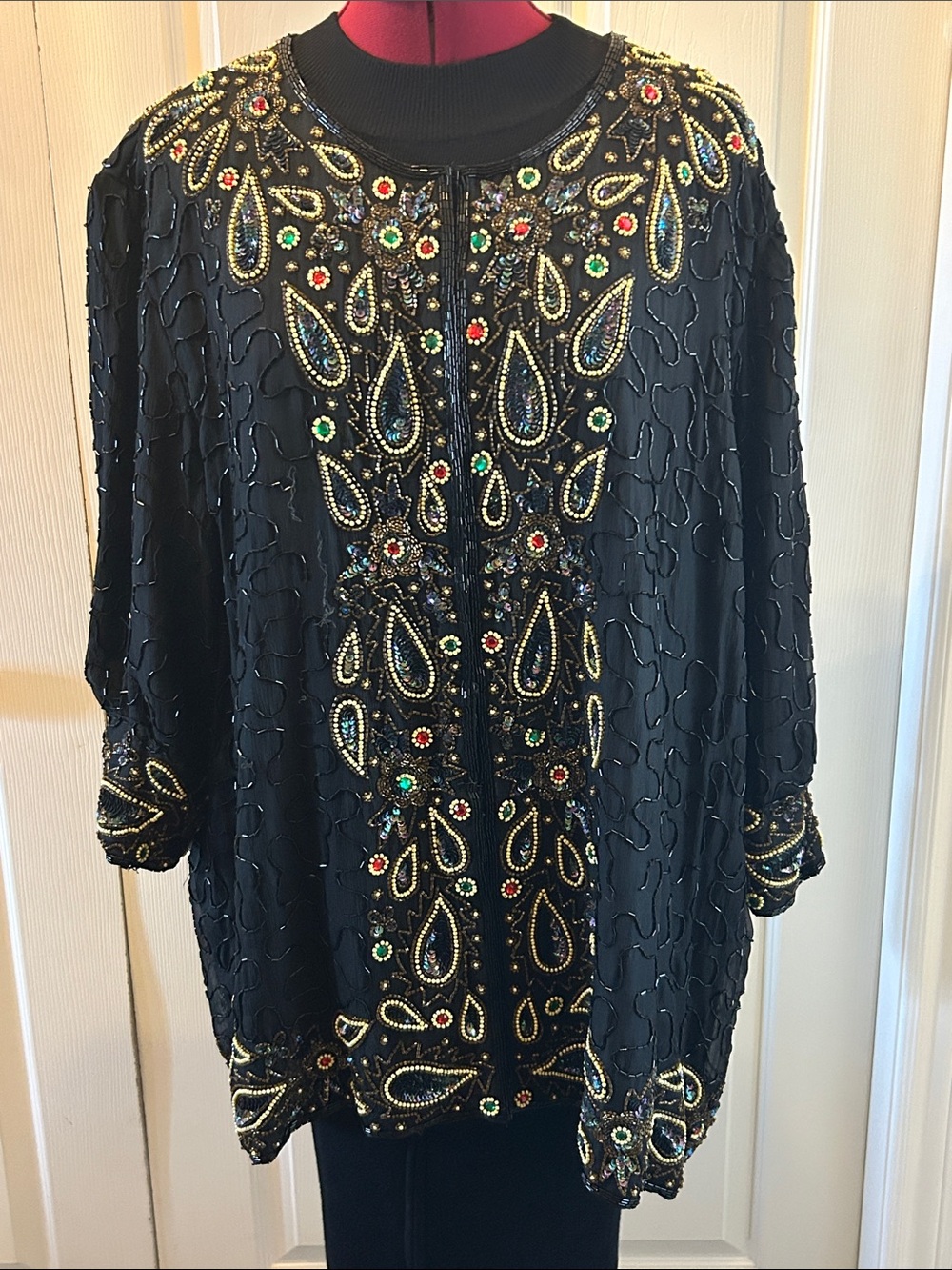 Vintage Black Beaded Embellished V-Neck Tunic